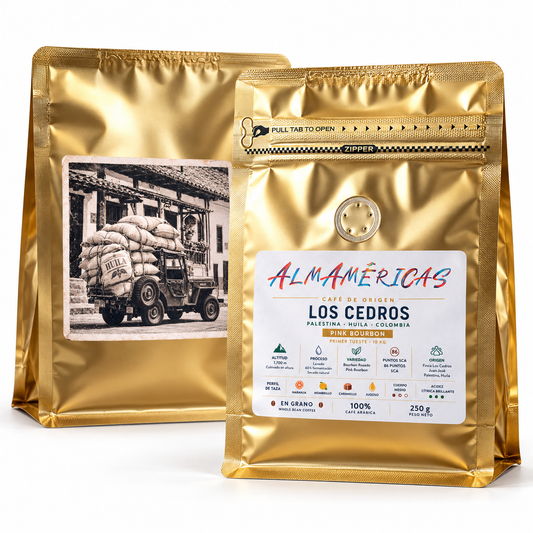 Café Los Cedros Pink Bourbon AlmAmericas, vista frontal y trasera